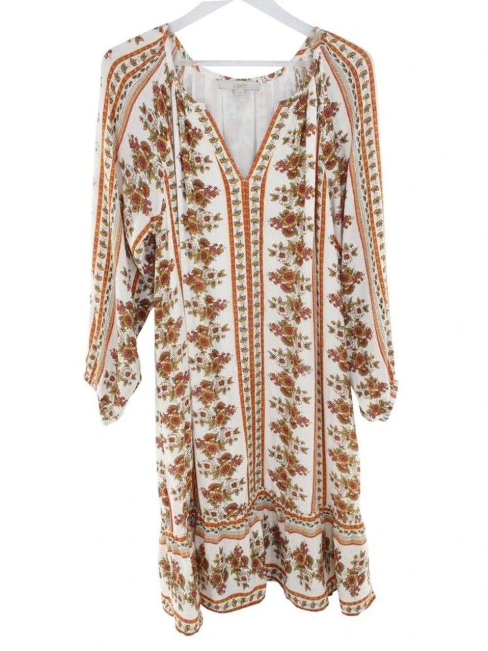 💐 LOFT White Floral Midi Dress with Rust & Green Stripes💐